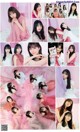 A collage of photos of a woman in a pink dress.