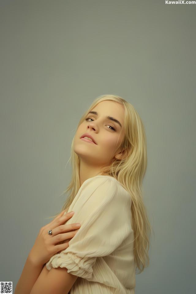 A woman with long blonde hair wearing a white blouse.