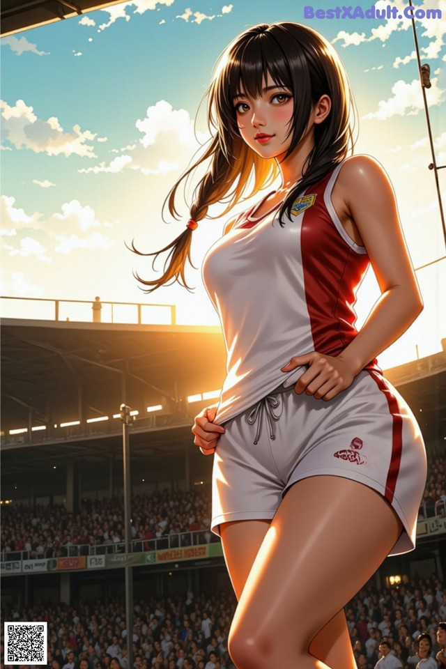 A woman in a red and white shirt and shorts standing in front of a crowd.