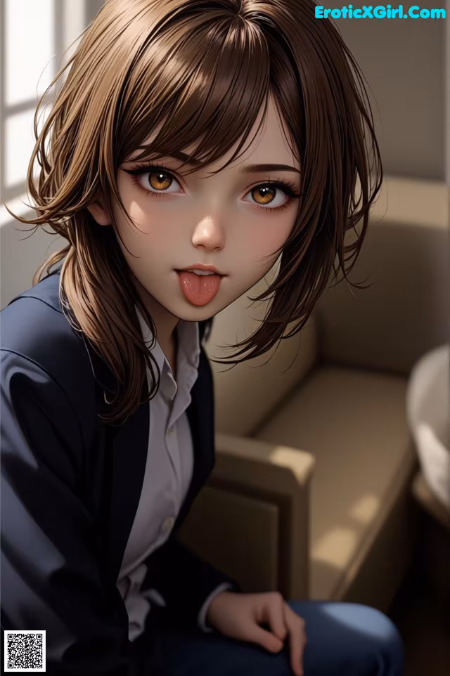 A girl in a business suit sitting on a couch.