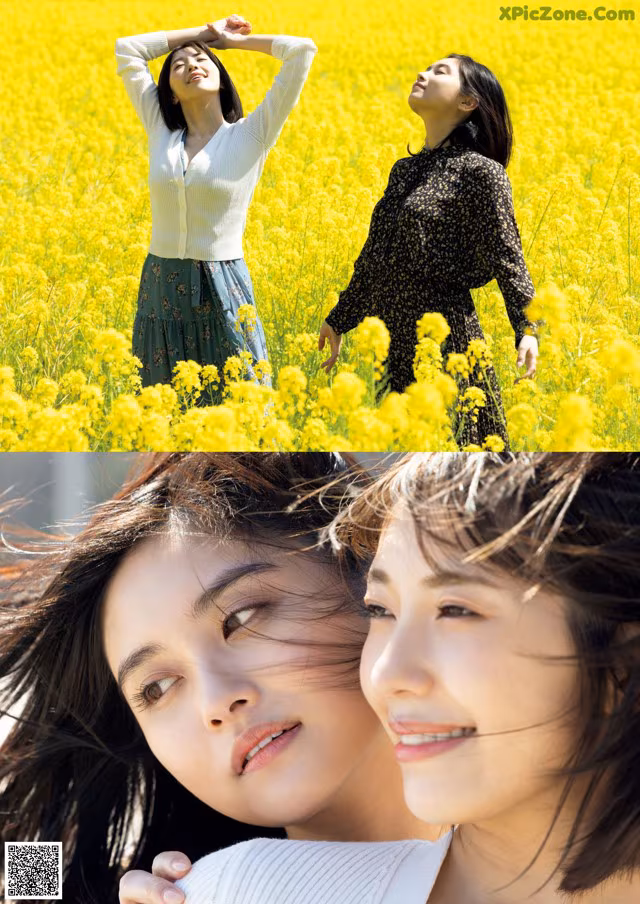 A couple of women standing in a field of yellow flowers.