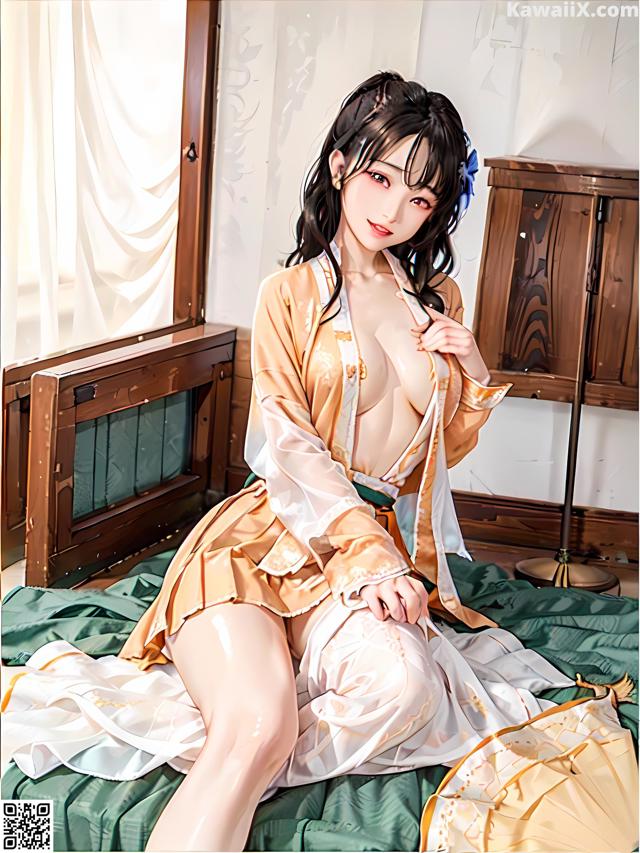 A woman in a kimono sitting on a bed.